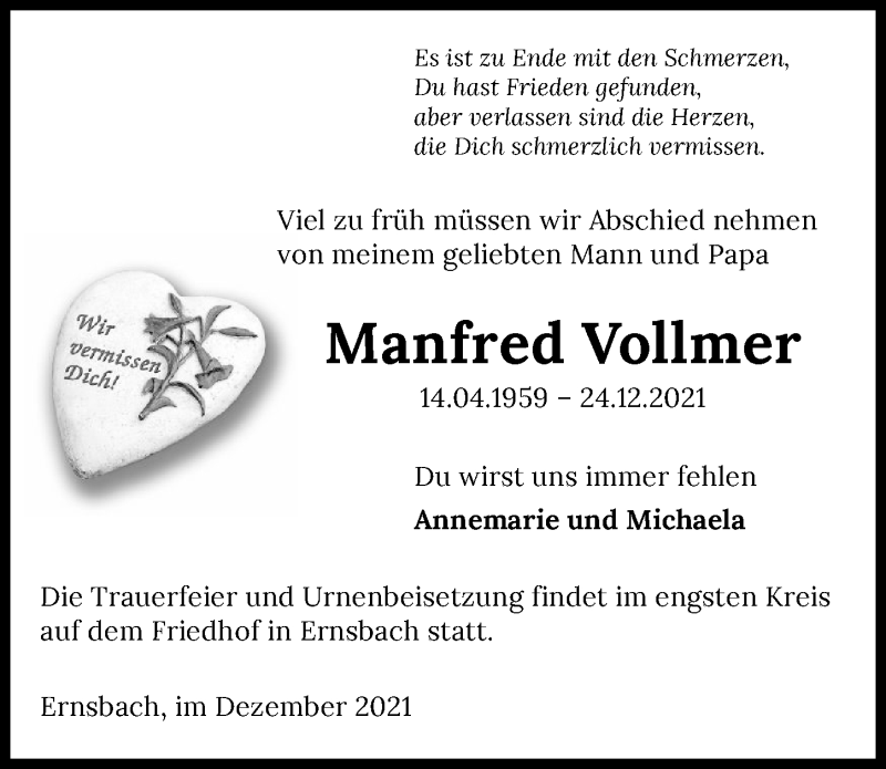  Traueranzeige für Manfred Vollmer vom 29.12.2021 aus GESAMT