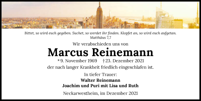  Traueranzeige für Marcus Reinemann vom 29.12.2021 aus GESAMT