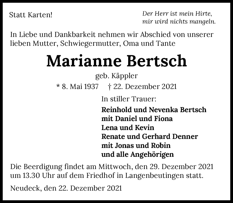  Traueranzeige für Marianne Bertsch vom 27.12.2021 aus GESAMT