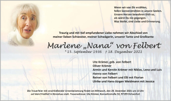 Traueranzeige von Marlene von Felbert von GESAMT