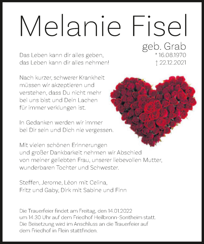  Traueranzeige für Melanie Fisel vom 31.12.2021 aus GESAMT