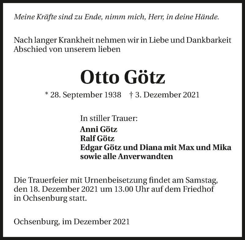  Traueranzeige für Otto Götz vom 16.12.2021 aus GESAMT