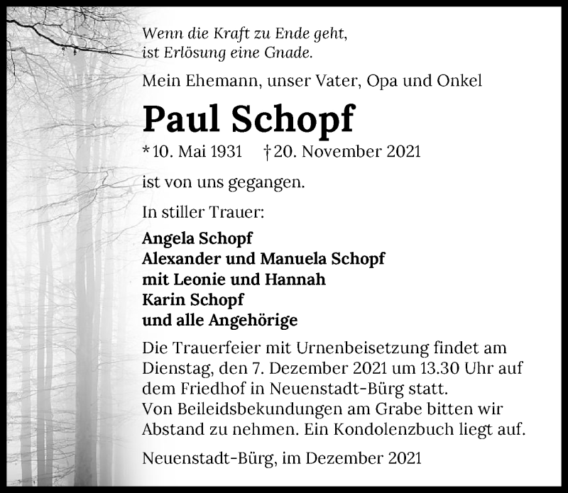  Traueranzeige für Paul Schopf vom 04.12.2021 aus GESAMT