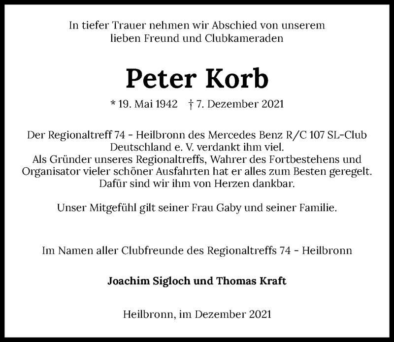  Traueranzeige für Peter Korb vom 21.12.2021 aus GESAMT