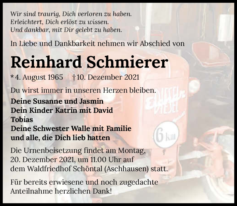 Traueranzeige für Reinhard Schmierer vom 17.12.2021 aus GESAMT