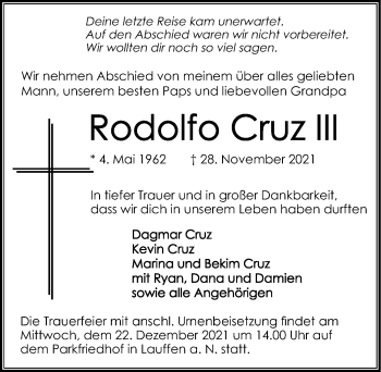 Traueranzeige von Rodolfo Cruz III von GESAMT