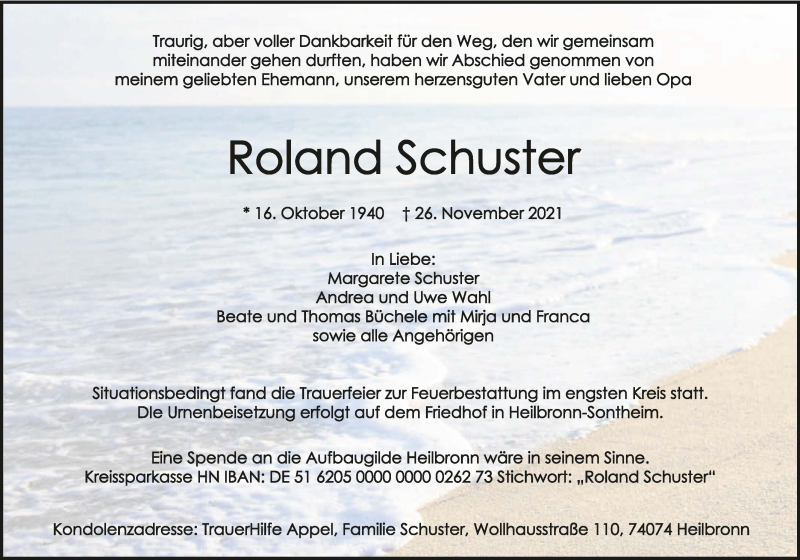  Traueranzeige für Roland Schuster vom 04.12.2021 aus GESAMT
