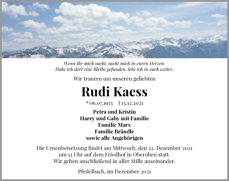  Traueranzeige für Rudi Kaess vom 18.12.2021 aus GESAMT