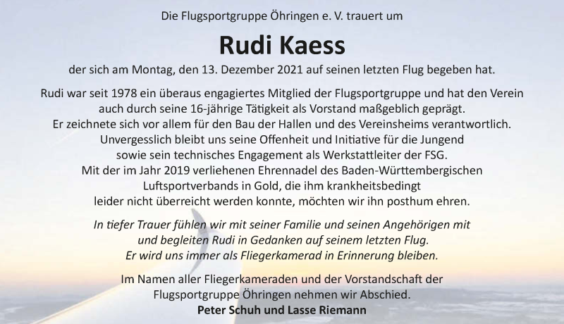  Traueranzeige für Rudi Kaess vom 18.12.2021 aus GESAMT