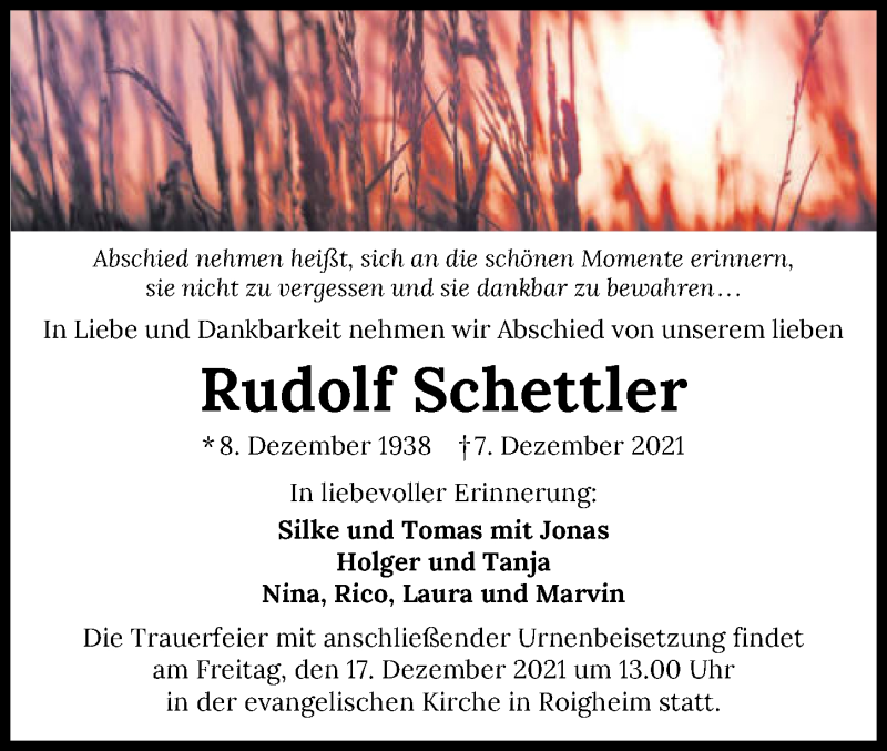  Traueranzeige für Rudolf Schettler vom 11.12.2021 aus GESAMT