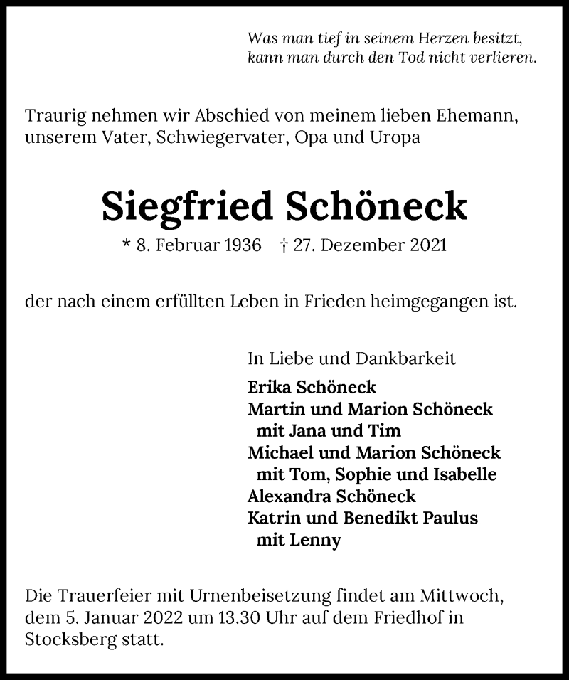  Traueranzeige für Siegfried Schöneck vom 31.12.2021 aus GESAMT