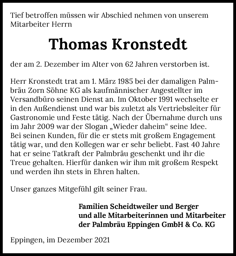  Traueranzeige für Thomas Kronstedt vom 11.12.2021 aus GESAMT