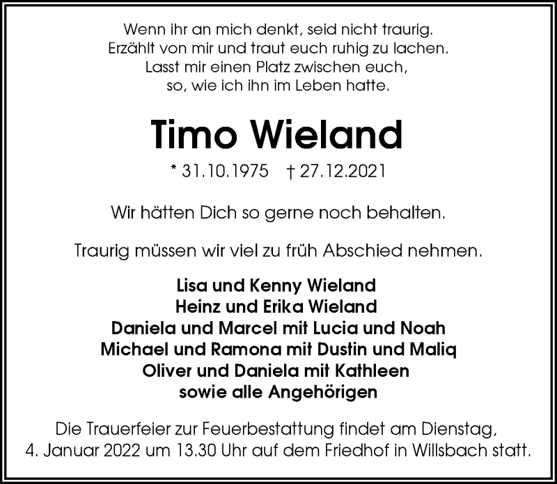  Traueranzeige für Timo Wieland vom 30.12.2021 aus GESAMT