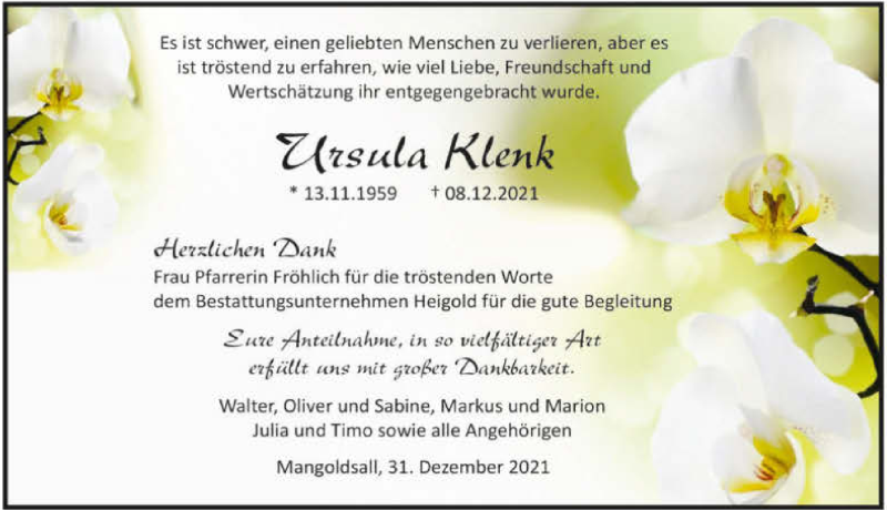  Traueranzeige für Ursula Klenk vom 31.12.2021 aus GESAMT