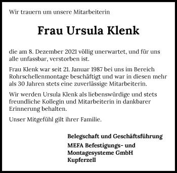 Traueranzeige von Ursula Klenk von GESAMT