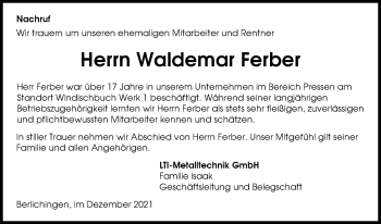 Traueranzeige von Waldemar Ferber von GESAMT