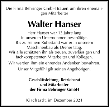 Traueranzeige von Walter Hanser von GESAMT