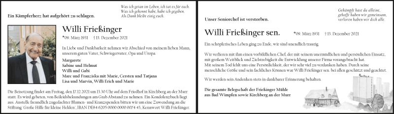  Traueranzeige für Willi Frießinger vom 15.12.2021 aus GESAMT