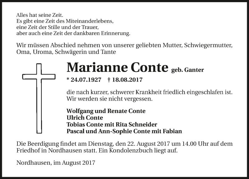  Traueranzeige für Marianne Conte vom 19.08.2017 aus 