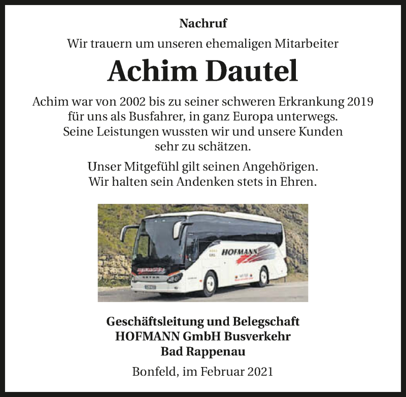  Traueranzeige für Achim Dautel vom 20.02.2021 aus GESAMT