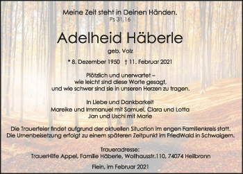 Traueranzeige von Adelheid Häberle von GESAMT