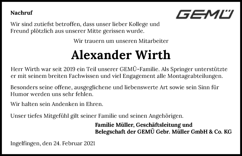  Traueranzeige für Alexander Wirth vom 24.02.2021 aus GESAMT