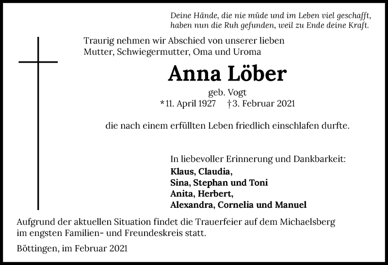  Traueranzeige für Anna Löber vom 06.02.2021 aus GESAMT