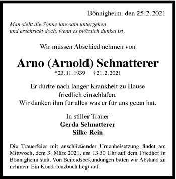 Traueranzeige von Arno Schnatterer von GESAMT