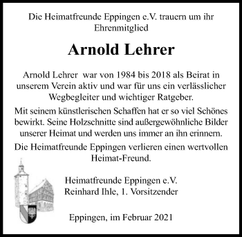 Traueranzeige von Arnold Lehrer von GESAMT