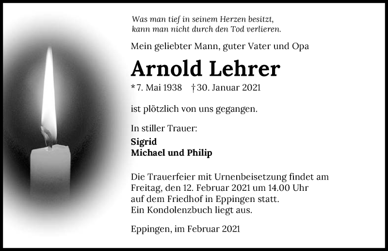  Traueranzeige für Arnold Lehrer vom 10.02.2021 aus GESAMT