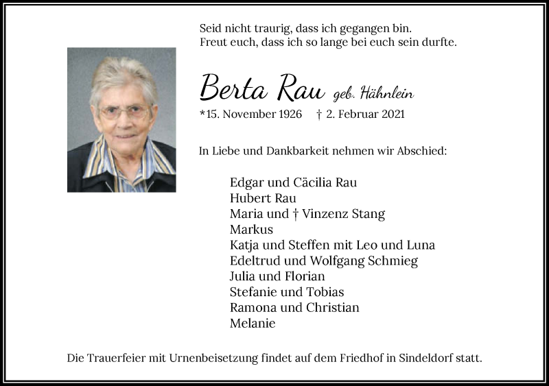  Traueranzeige für Berta Rau vom 06.02.2021 aus GESAMT