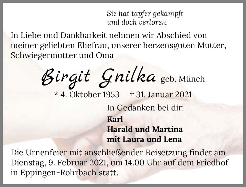  Traueranzeige für Birgit Gnilka vom 06.02.2021 aus GESAMT