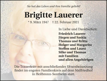Traueranzeige von Brigitte Lauerer von GESAMT