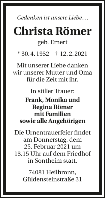 Traueranzeige von Christa Römer von GESAMT