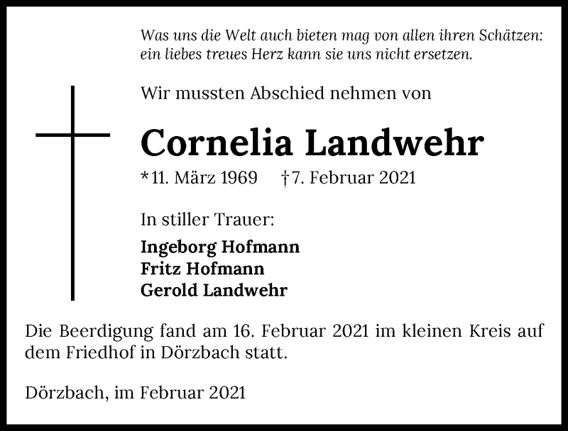  Traueranzeige für Cornelia Landwehr vom 18.02.2021 aus GESAMT