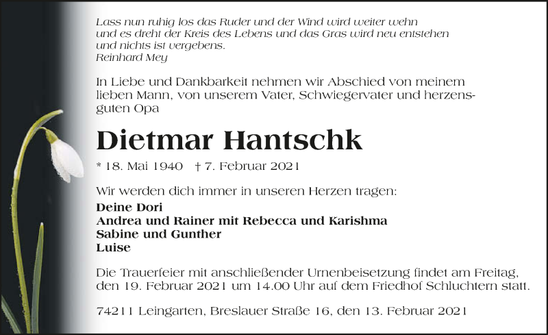  Traueranzeige für Dietmar Hantschk vom 13.02.2021 aus GESAMT
