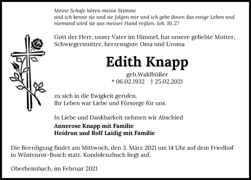  Traueranzeige für Edith Knapp vom 27.02.2021 aus GESAMT