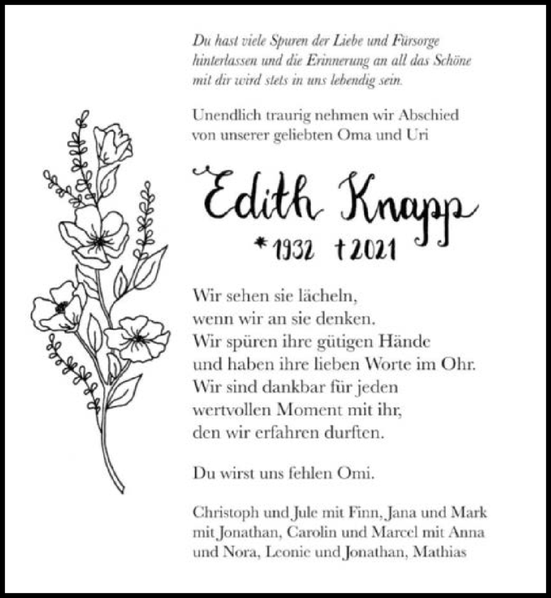  Traueranzeige für Edith Knapp vom 27.02.2021 aus GESAMT