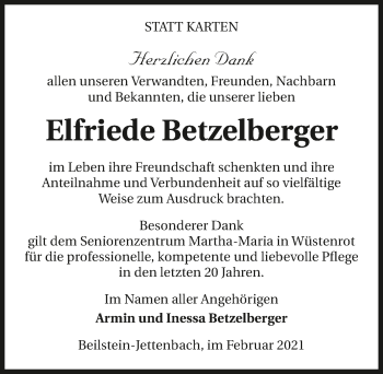 Traueranzeige von Elfriede Betzelberger von GESAMT