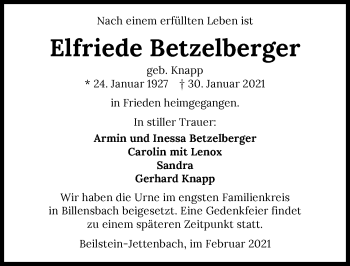 Traueranzeige von Elfriede Betzelberger von GESAMT