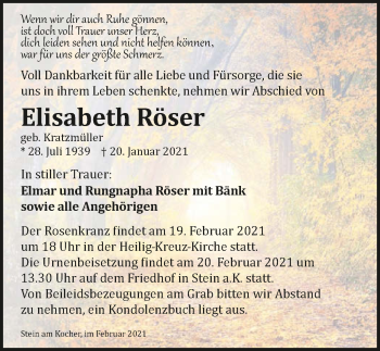 Traueranzeige von Elisabeth Röser von GESAMT
