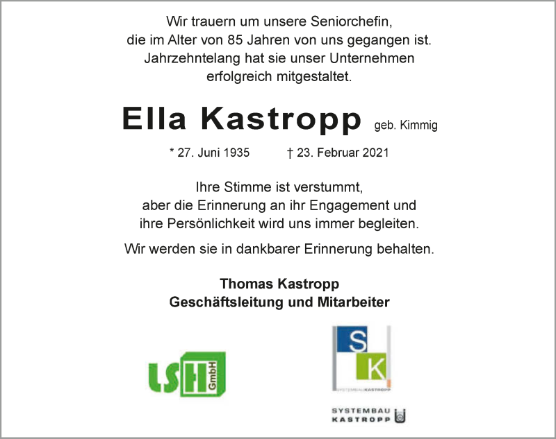  Traueranzeige für Ella Kastropp vom 27.02.2021 aus GESAMT