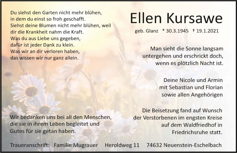  Traueranzeige für Ellen Kursawe vom 06.02.2021 aus GESAMT