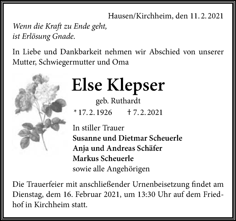  Traueranzeige für Else Klepser vom 11.02.2021 aus GESAMT