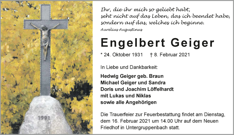  Traueranzeige für Engelbert Geiger vom 13.02.2021 aus GESAMT