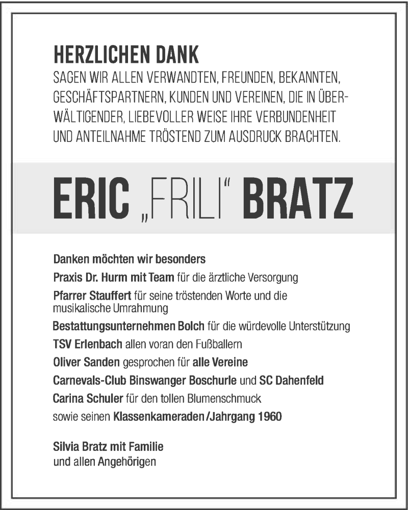  Traueranzeige für Eric Bratz vom 06.02.2021 aus GESAMT