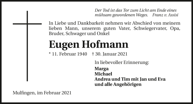  Traueranzeige für Eugen Hofmann vom 03.02.2021 aus GESAMT