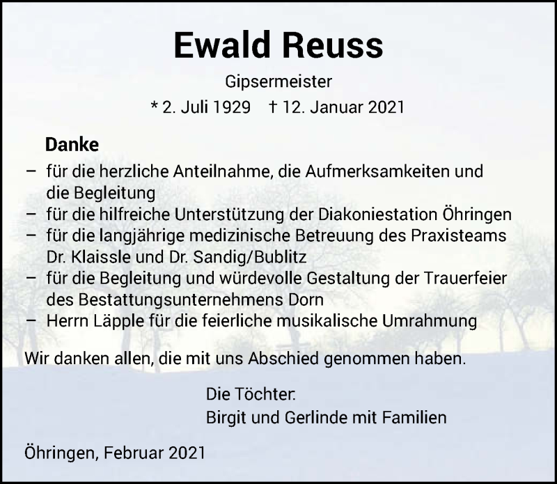  Traueranzeige für Ewald Reuss vom 10.02.2021 aus GESAMT