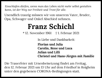 Traueranzeige von Franz Schichl von GESAMT