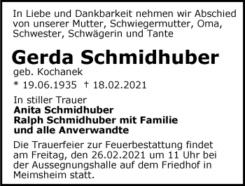 Traueranzeige von Gerda Schmidhuber von GESAMT
